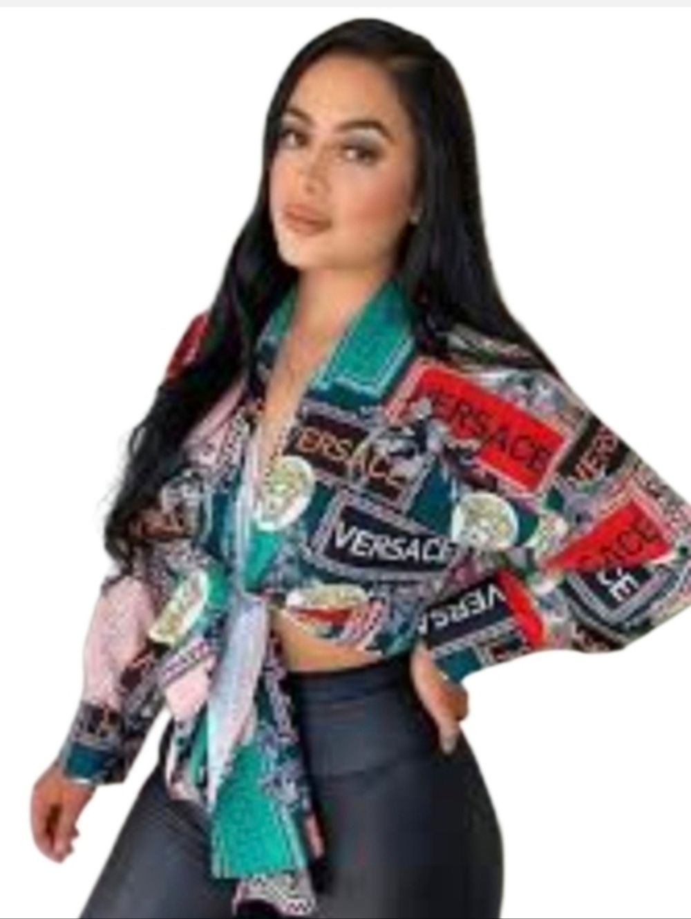 Women's Blouse Logo Print  Tie-Front Blouse - Green/Red/Black